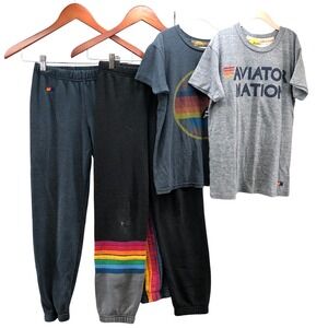 Aviator Nation 4pc Lounge Set Kids 12 Girls Black Grey Rainbow Stripe Retro‎